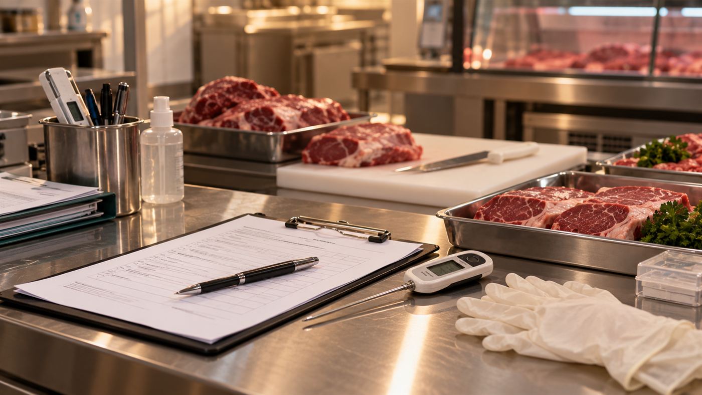Bancada de inox com prancheta de registros, termômetro, luvas e carnes em bandejas